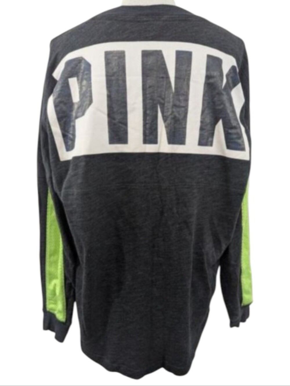 VICTORIA'S SECRET PINK! CHARCOAL GRAY W/GREEN NEON NET LONG SLEEVE T-SHIRT! SZ L